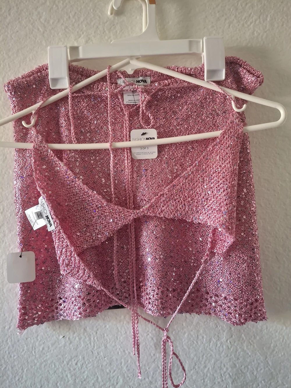 Fashion Nova Pink Crochet Halter Triangle Top & Mini Skirt Set